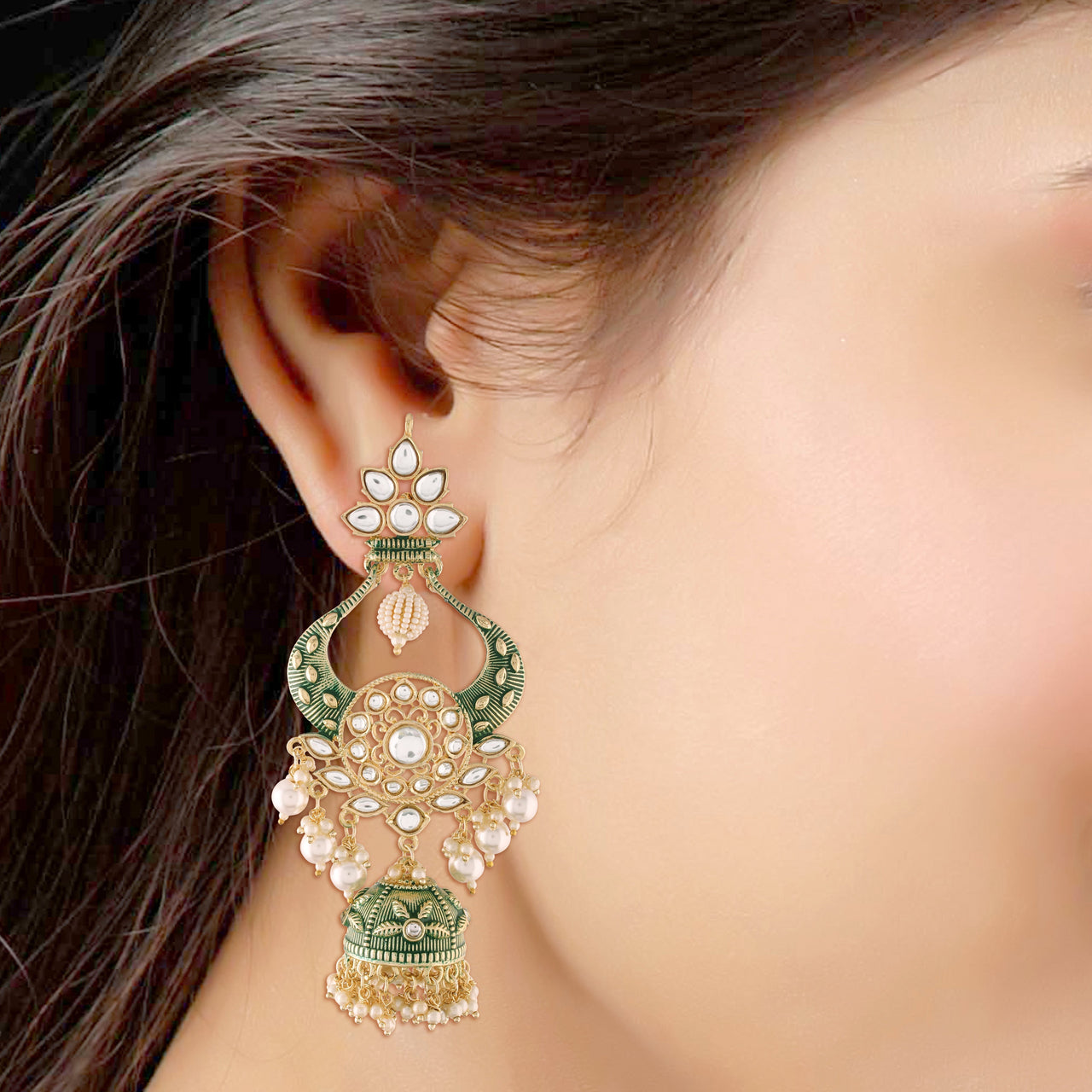 18K Gold Plated Intricately Designed Traditional Green Enamel Glided With Kundans & Pearls Jumka Earrings For Women - Wahe Jewels