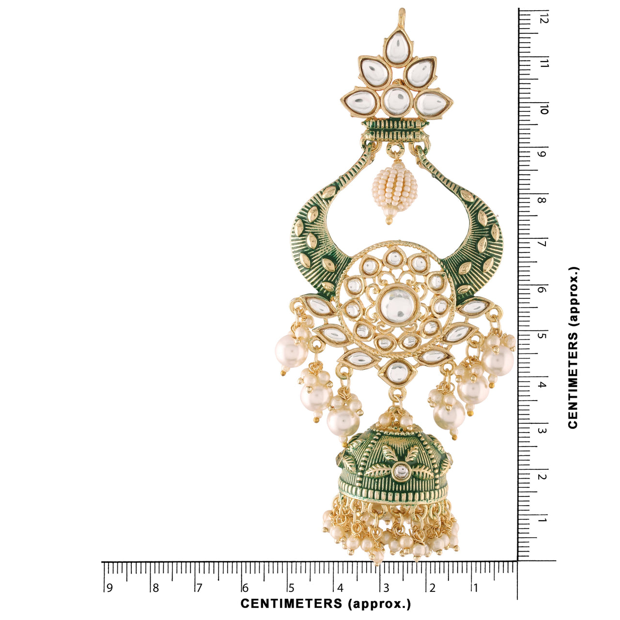 18K Gold Plated Intricately Designed Traditional Green Enamel Glided With Kundans & Pearls Jumka Earrings For Women - Wahe Jewels