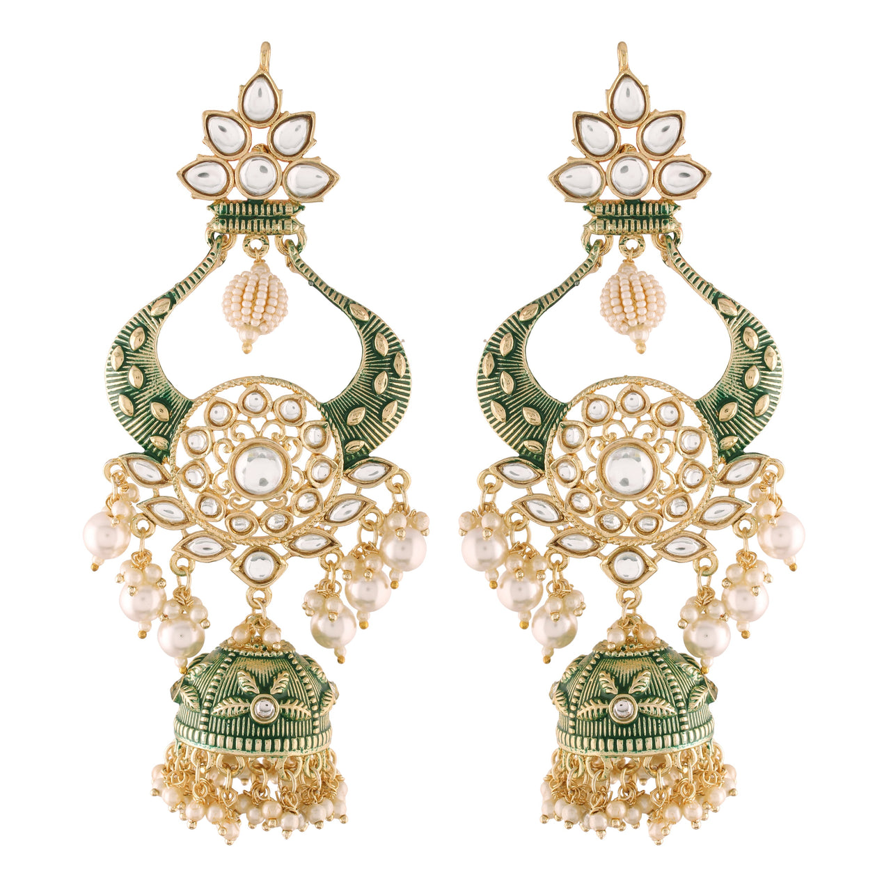 18K Gold Plated Intricately Designed Traditional Green Enamel Glided With Kundans & Pearls Jumka Earrings For Women - Wahe Jewels