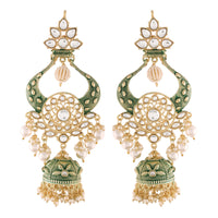 Thumbnail for 18K Gold Plated Intricately Designed Traditional Green Enamel Glided With Kundans & Pearls Jumka Earrings For Women - Wahe Jewels