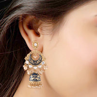 Thumbnail for 18K Gold Plated Intricately Designed Traditional Blue Enamel Glided With Kundans & Pearls Jhumki Earrings For Women - Wahe Jewels