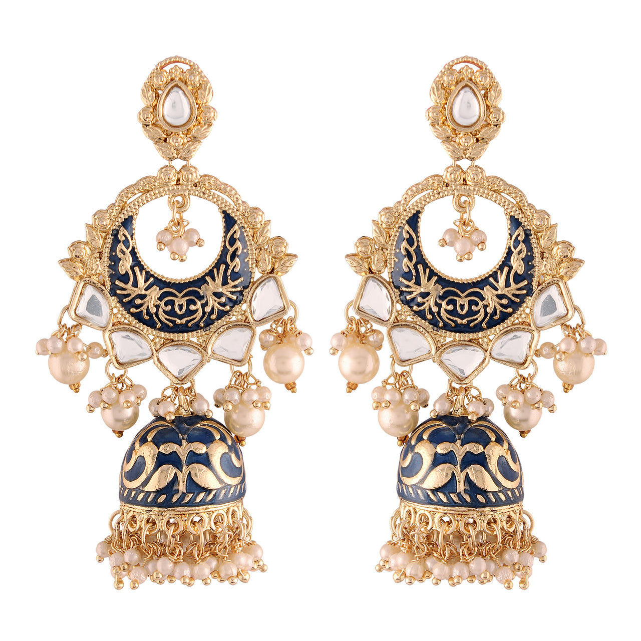 18K Gold Plated Intricately Designed Traditional Blue Enamel Glided With Kundans & Pearls Jhumki Earrings For Women - Wahe Jewels