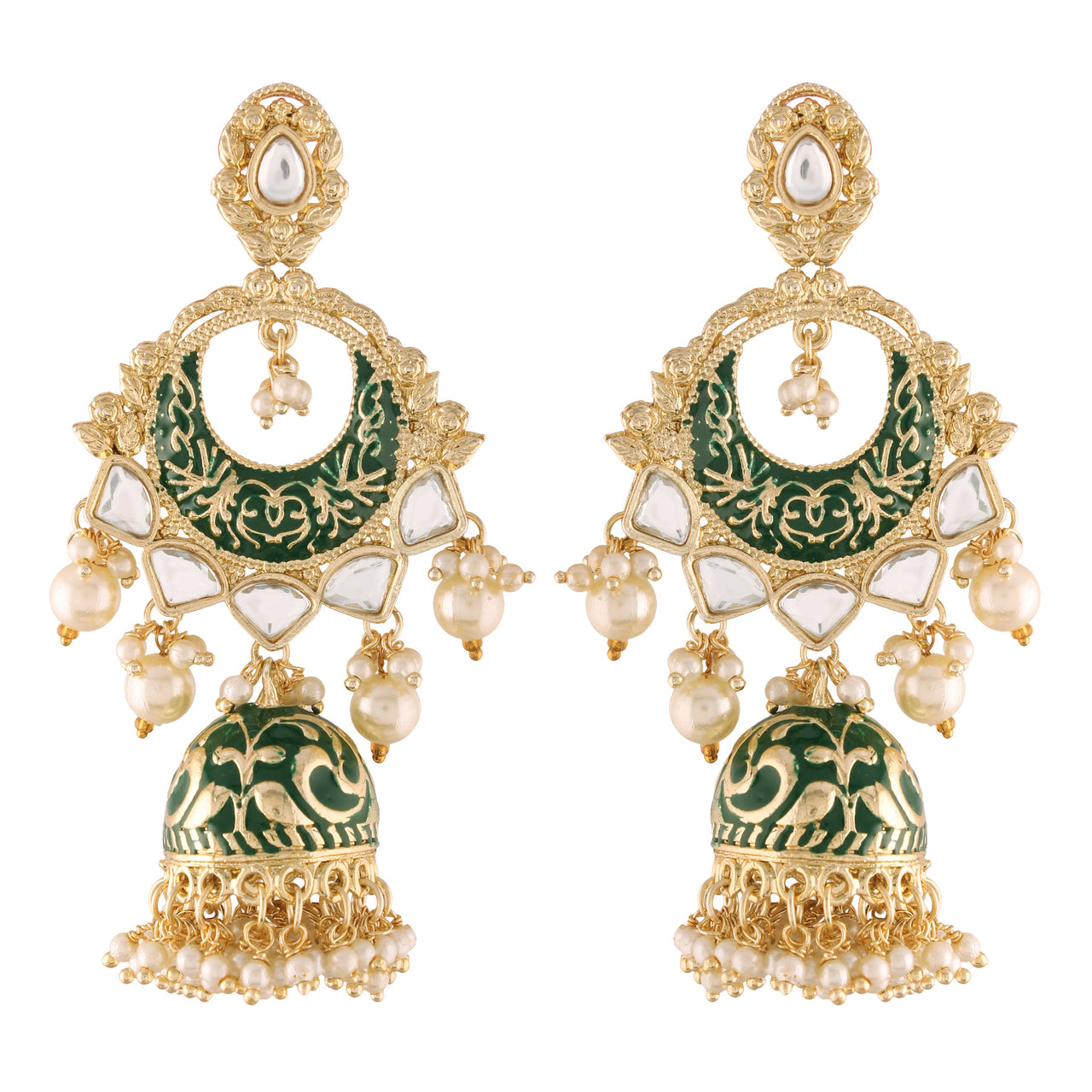 18K Gold Plated Intricately Designed Traditional Green Enamel Glided With Kundans & Pearls Jumki Earrings For Women - Wahe Jewels