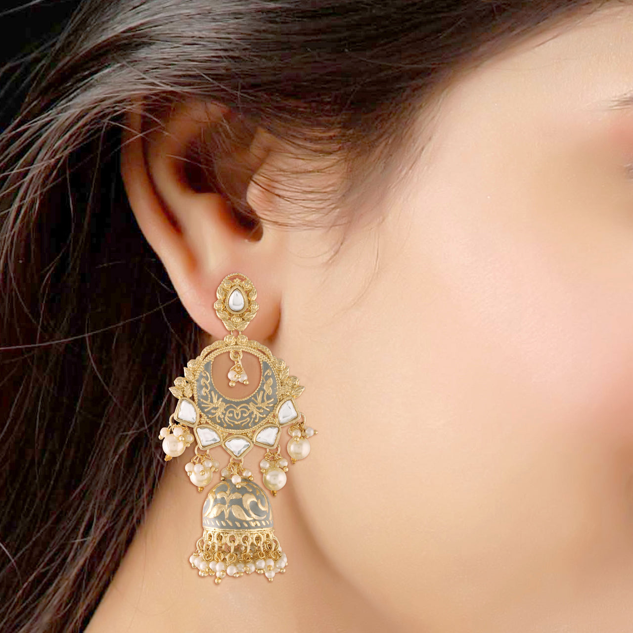 18K Gold Plated Intricately Designed Traditional Grey Enamel Glided With Kundans & Pearls Jhumki Earrings For Women - Wahe Jewels