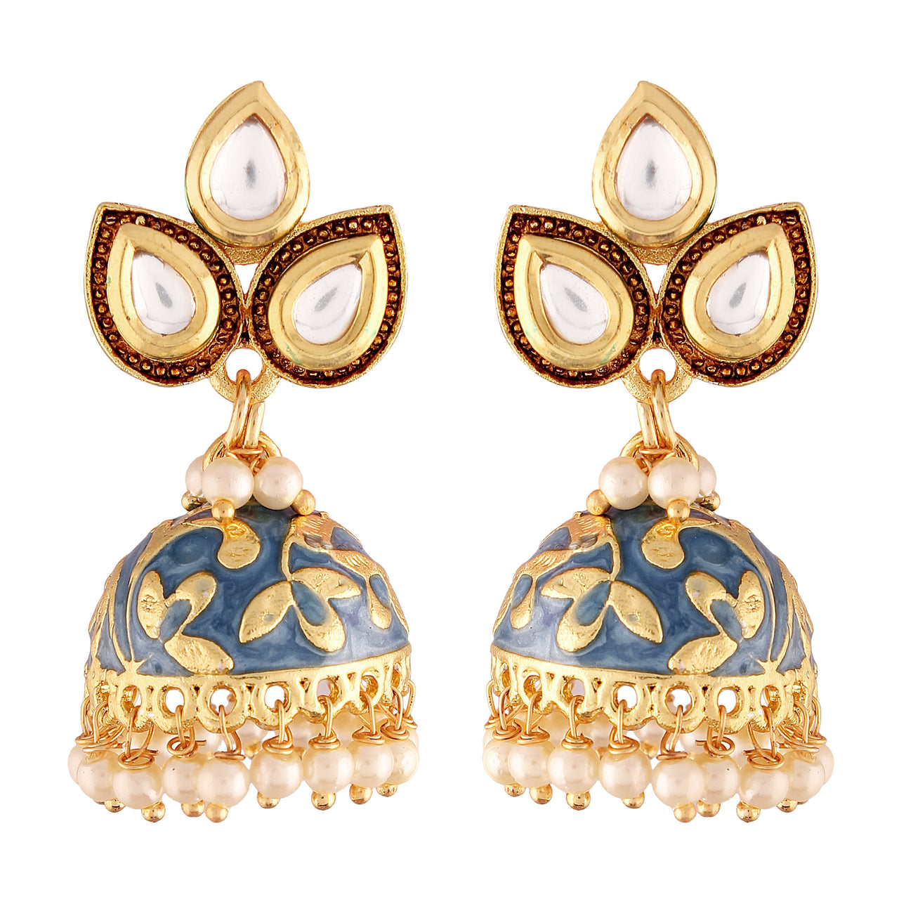 18k Gold Plated Meena Work Pearl Studded Jhumki Earring For Women - Wahe Jewels