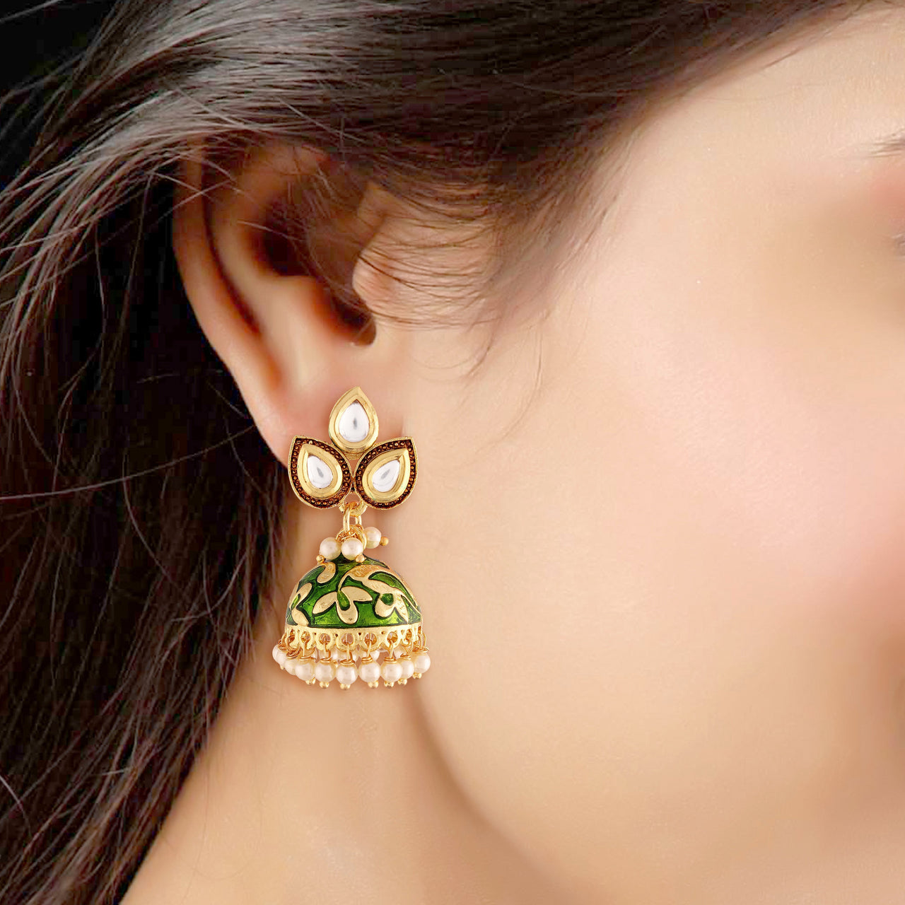 18k Gold Plated Meena Work Pearl Studded Jhumki Earring For Women - Wahe Jewels