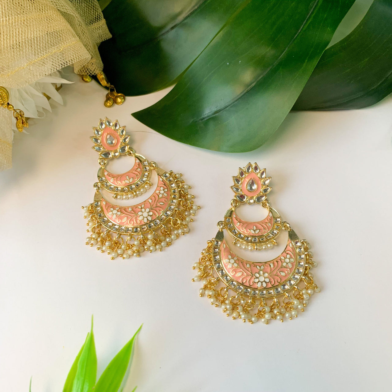 18K Gold Plated Intricately Designed Traditional Meenakari Earrings Glided With Kundans & Pearls - Wahe Jewels