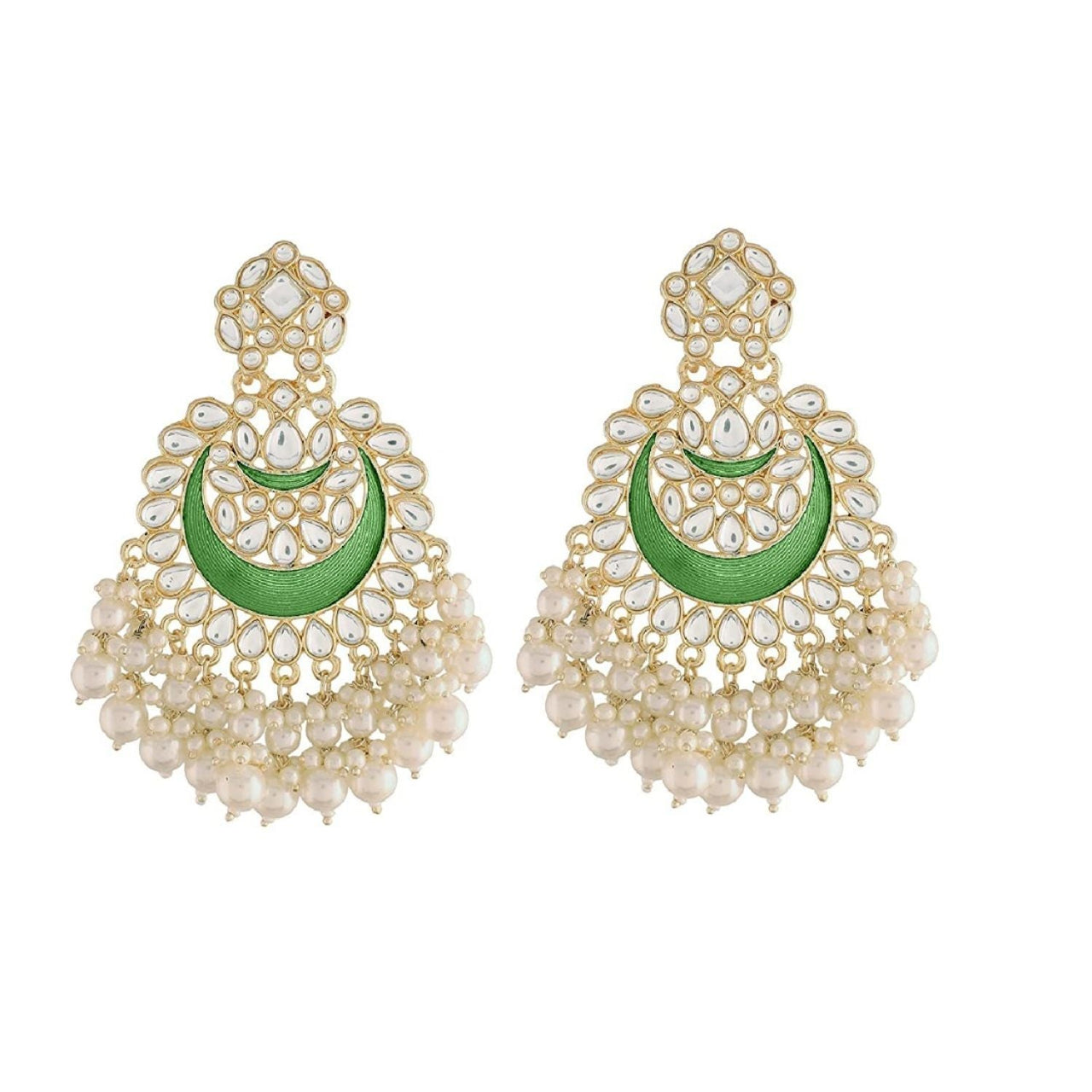 18K Gold Plated Intricately Designed Traditional Meenakari Chandbali Earrings Glided With Kundans & Pearls - Wahe Jewels