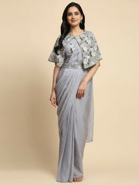 Thumbnail for Grey Chiffon Solid Ready to wear Saree with stitched Blouse - Aayan - Distacart