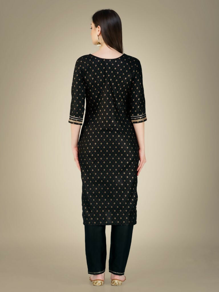 Jyoti Fashion Women's Black Cotton Magic Slub Embroidery & Sequence work Kurta with Trouser & Dupatta