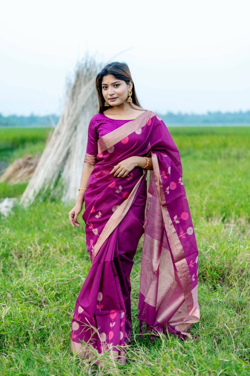 Aastha Fashion Magenta Woven Cotton Silk Saree with Blouse - Distacart