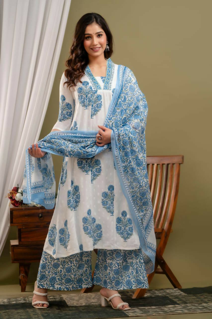 Preksha Creation Cotton Anarkali Blue Women Gown/Suit With Dupatta And Pant - Distacart