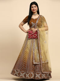Thumbnail for Brown Fancy Net Sequence Embroidered Lehenga Choli with Dupatta - Dhara - Distacart