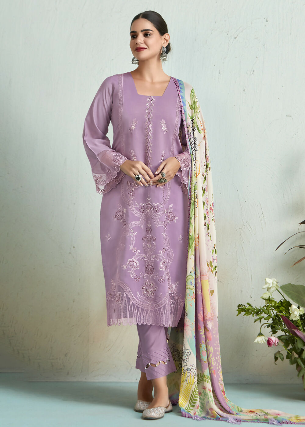 Lilac Pink Pure Muslin Resham Embroidered Salwar Suit - Emponline - Distacart