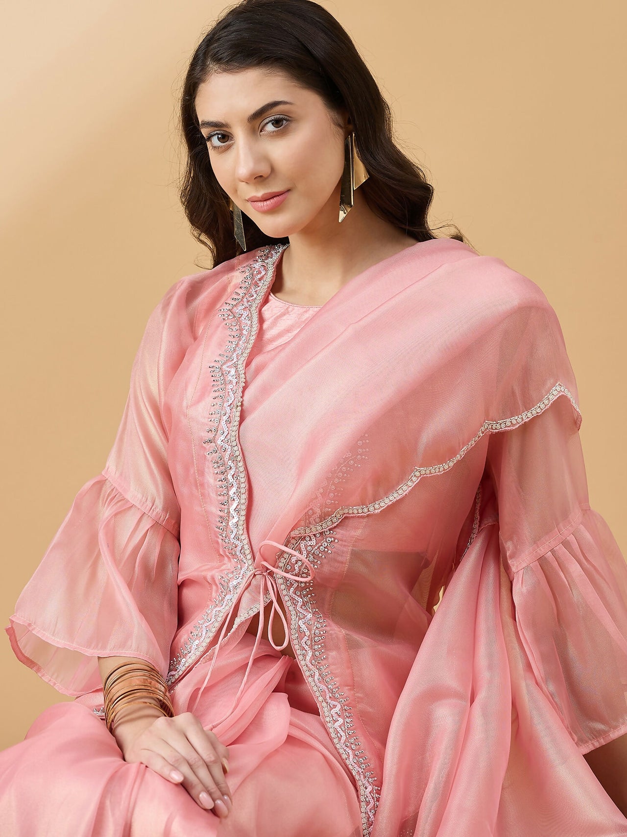 Peach Chiffon Solid Saree with Stitched Blouse & Stone Work Shrug - Dharavi - Distacart