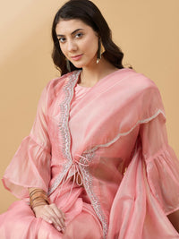 Thumbnail for Peach Chiffon Solid Saree with Stitched Blouse & Stone Work Shrug - Dharavi - Distacart