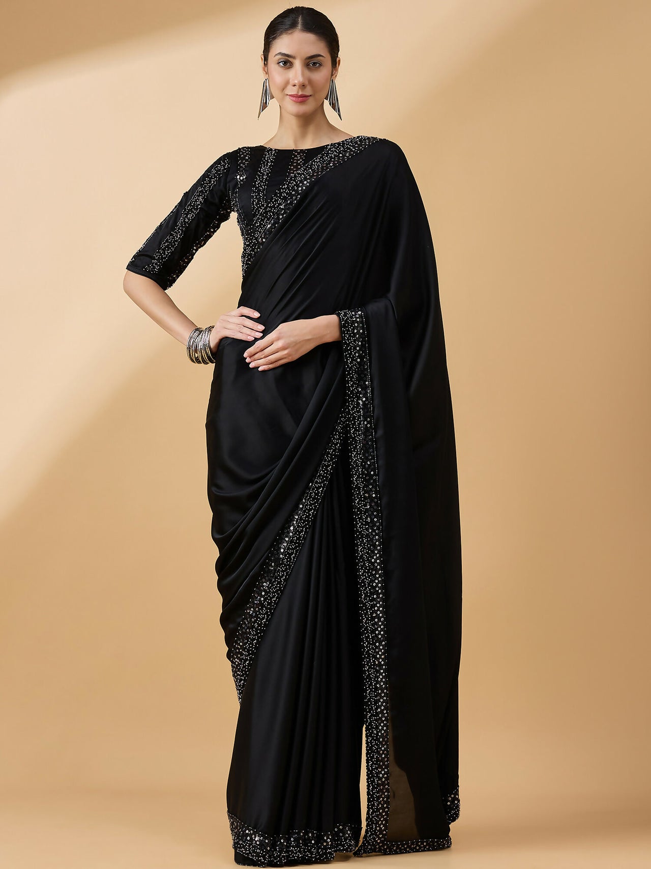 Black Satin Solid Sequence Work Saree with Stitched Blouse - Dharavi - Distacart