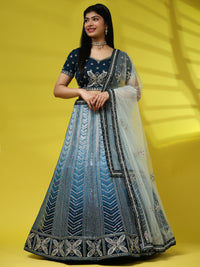 Thumbnail for Blue Fancy Net Sequence Embroidered Lehenga Choli with Dupatta - Dhara - Distacart