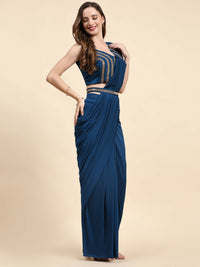 Thumbnail for Blue Polyester Solid Ready to Wear Saree with stitched Blouse - Nita - Distacart