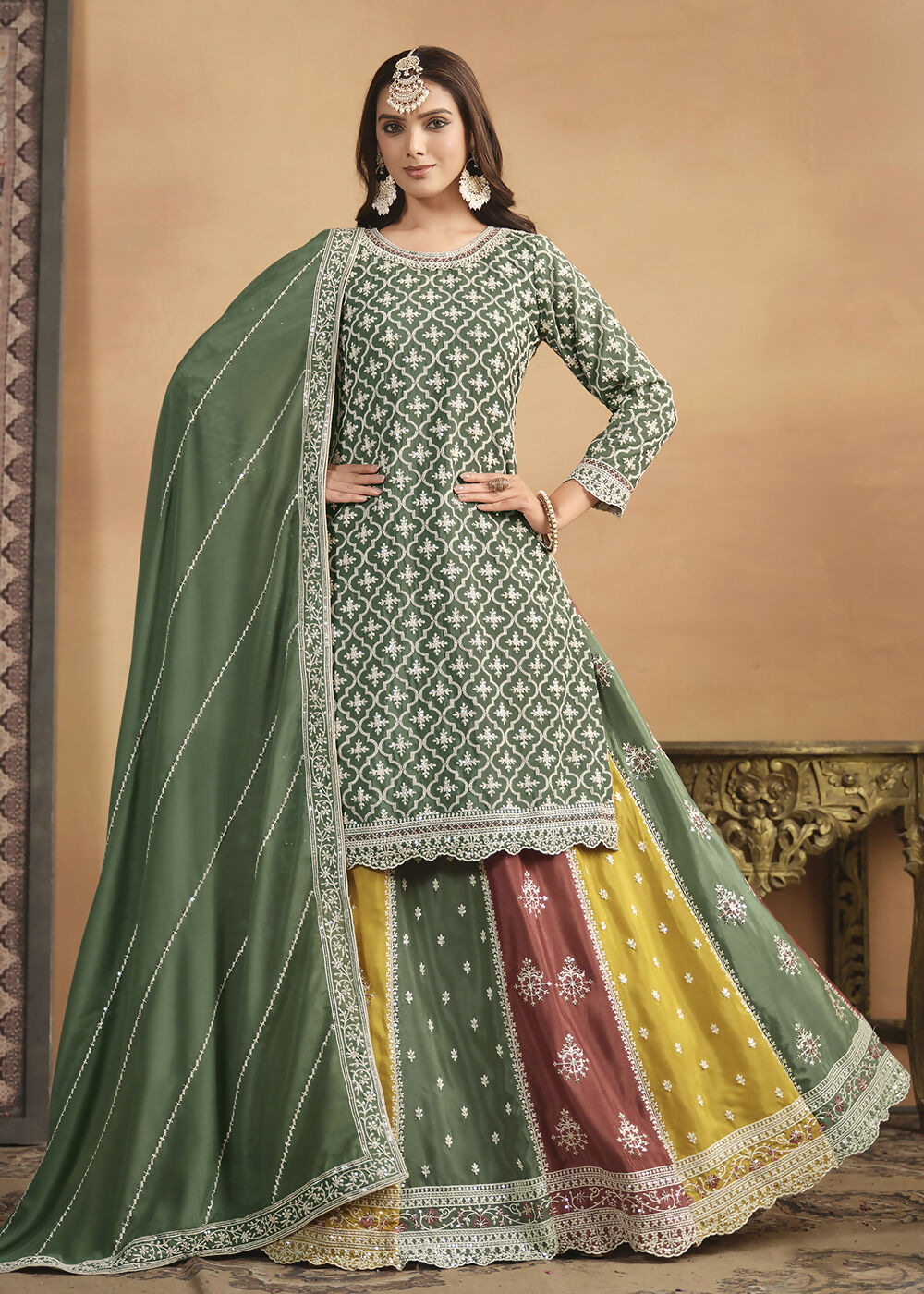 Chinnon Green Multicolor Embroidered Lehenga Style Suit - Emponline - Distacart