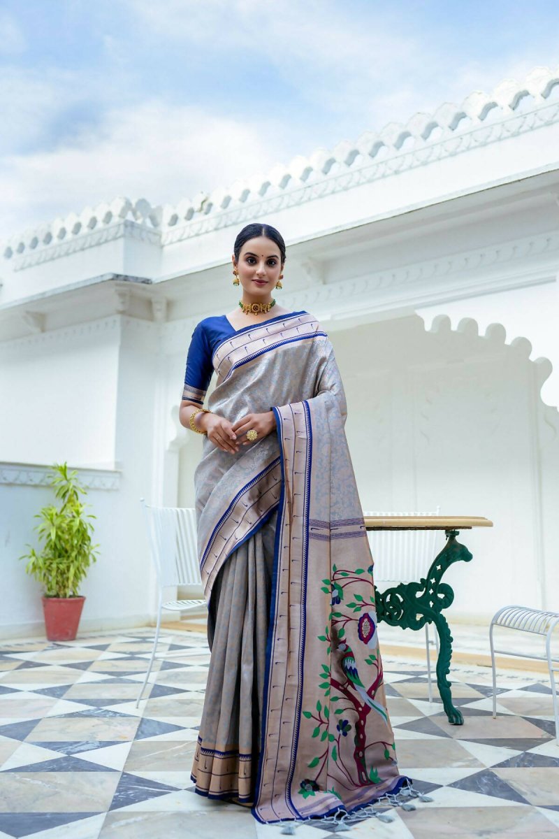 Aastha Fashion Grey Woven Kanjivaram Silk Saree with Blouse - Distacart