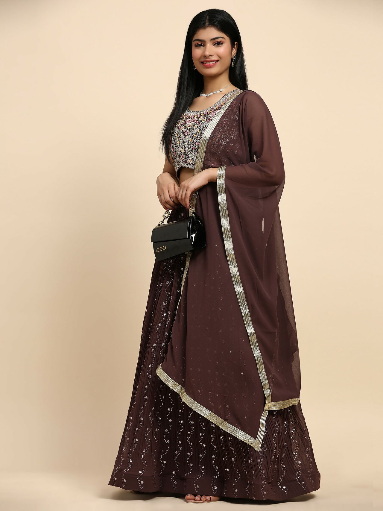 Brown Georgette Embroidered Lehenga choli with Dupatta - Dhara - Distacart