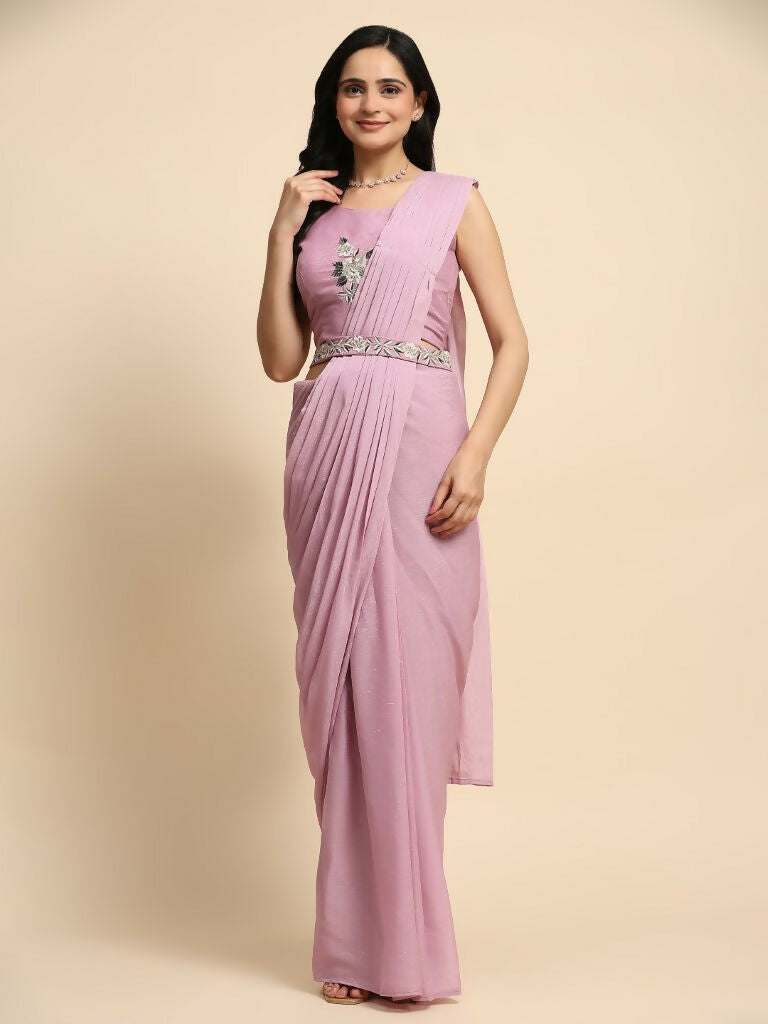 Pink Chiffon Solid Ready to wear Saree with stitched Blouse - Aayan - Distacart