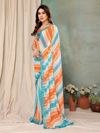 Thumbnail for Aafreen Partywear Designer Orange & Blue Georgette Fancy Saree - Distacart