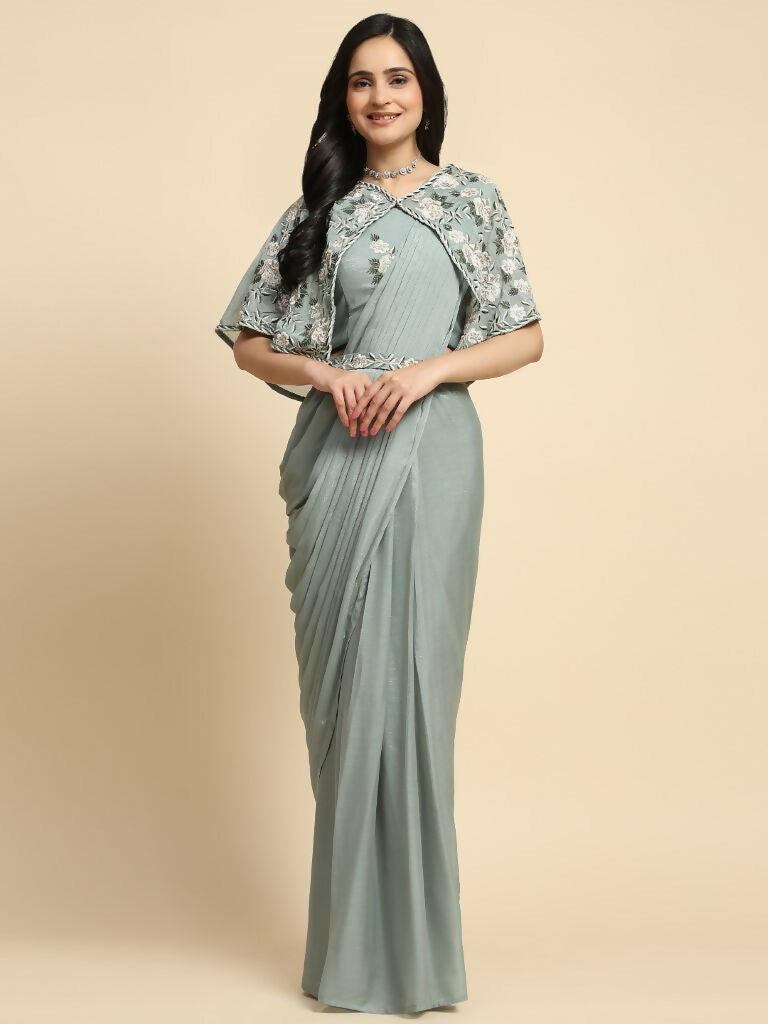 Sea Green Chiffon Solid Ready to wear Saree with stitched Blouse - Aayan - Distacart