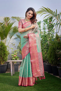 Thumbnail for NOZ2TOZ Women's Party Wear Weaving Work Zarna Silk Saree with Un Stitched Blouse - Sea Green - Distacart