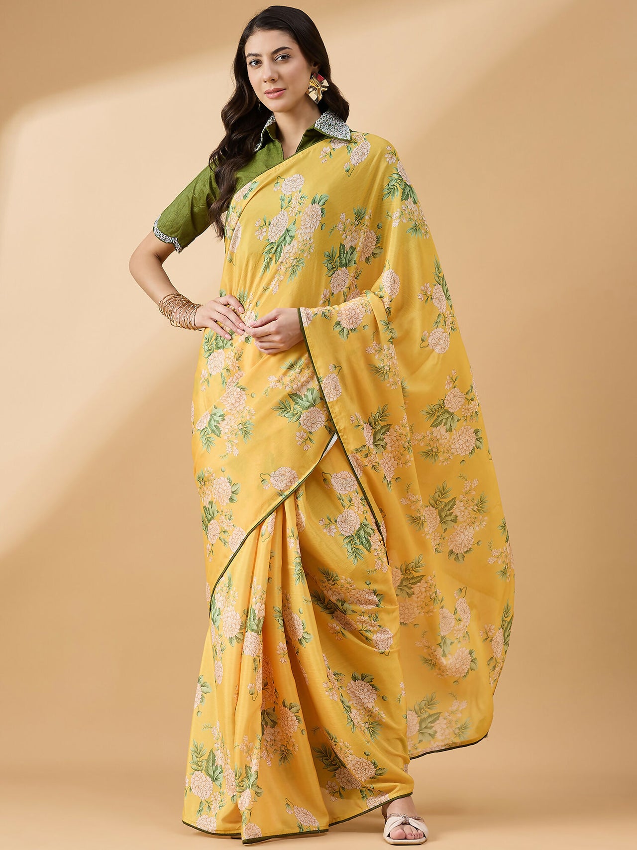 Mustard Chiffon Floral Printed Saree with Stitched Blouse - Dharavi - Distacart
