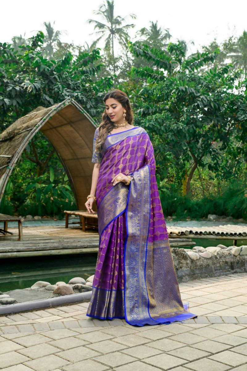 Aastha Fashion Purple Woven Kanchipuram Silk Saree with Blouse - Distacart