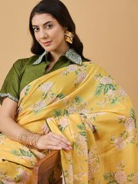 Thumbnail for Mustard Chiffon Floral Printed Saree with Stitched Blouse - Dharavi - Distacart
