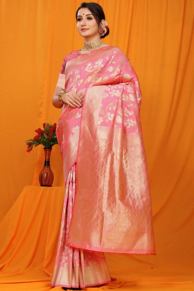 Aastha Fashion Baby Pink Woven Banarasi Silk Saree with Blouse - Distacart