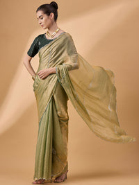 Thumbnail for Green Muslin Embroidered Saree with Unstitched Blouse Piece - Satya