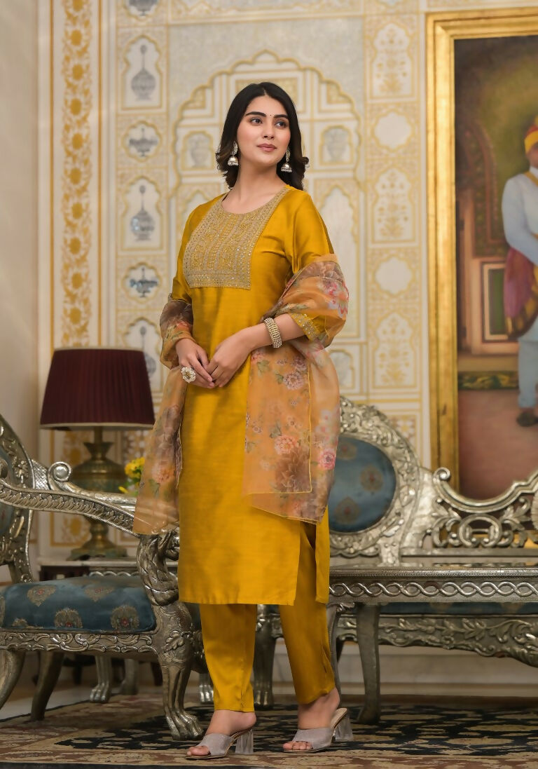 Partywear Designer Musted Yellow Poly Silk fabric Stitched Suit With Dupatta - Tanisha - Distacart