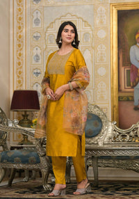 Thumbnail for Partywear Designer Musted Yellow Poly Silk fabric Stitched Suit With Dupatta - Tanisha - Distacart