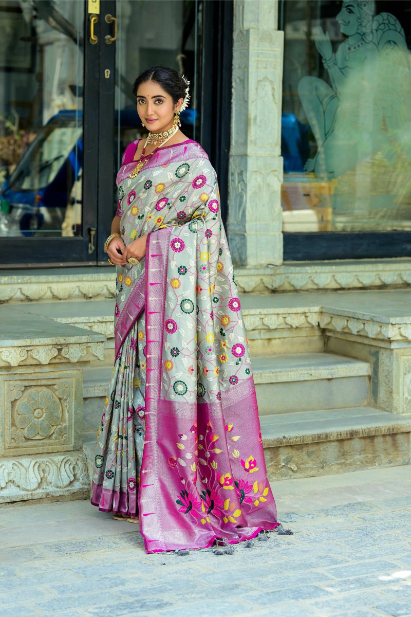 Aastha Fashion Grey Woven Kanjivaram Silk Saree with Blouse - Distacart