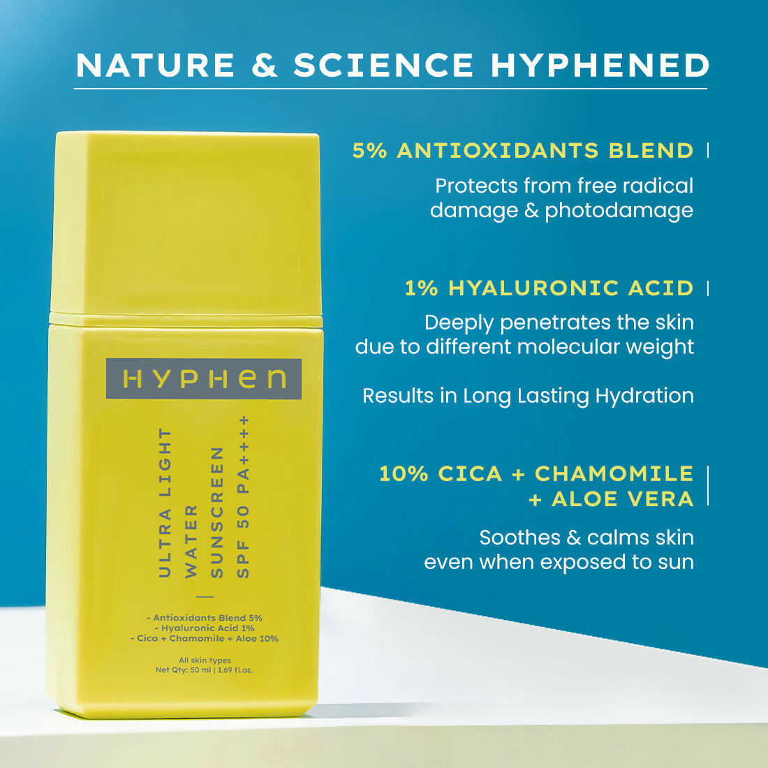 Hyphen By Kriti Sanon Ultra Light Water Sunscreen SPF 50 PA++++ UVA-UVB & Blue Light Protection, No White Cast, For Men & Women