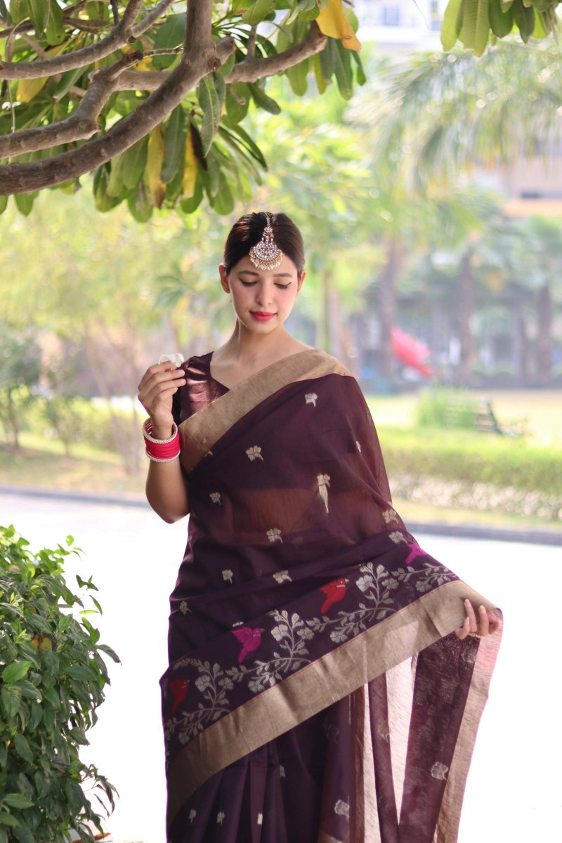 Aastha Fashion Coffee Thread Woven Cotton Silk Saree with Blouse - Distacart