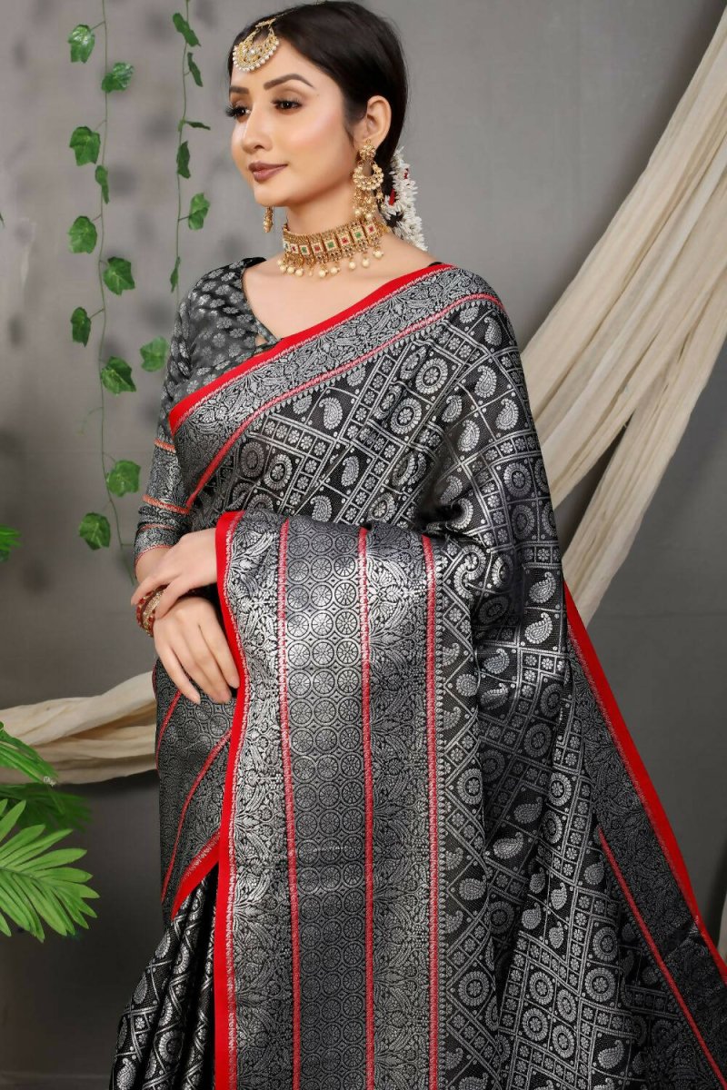 Aastha Fashion Black Woven Kanchipuram Silk Saree with Blouse - Distacart