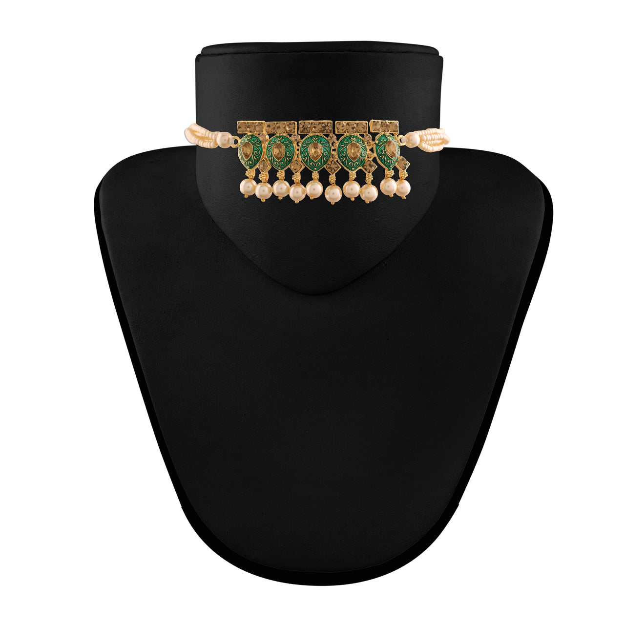 18k Gold Plated Green Meenakari Choker Set Glided With Pearls For Women/Girls - Wahe Jewels