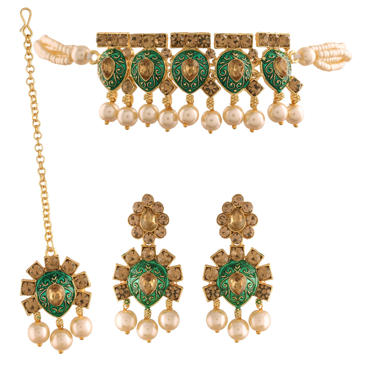 18k Gold Plated Green Meenakari Choker Set Glided With Pearls For Women/Girls - Wahe Jewels