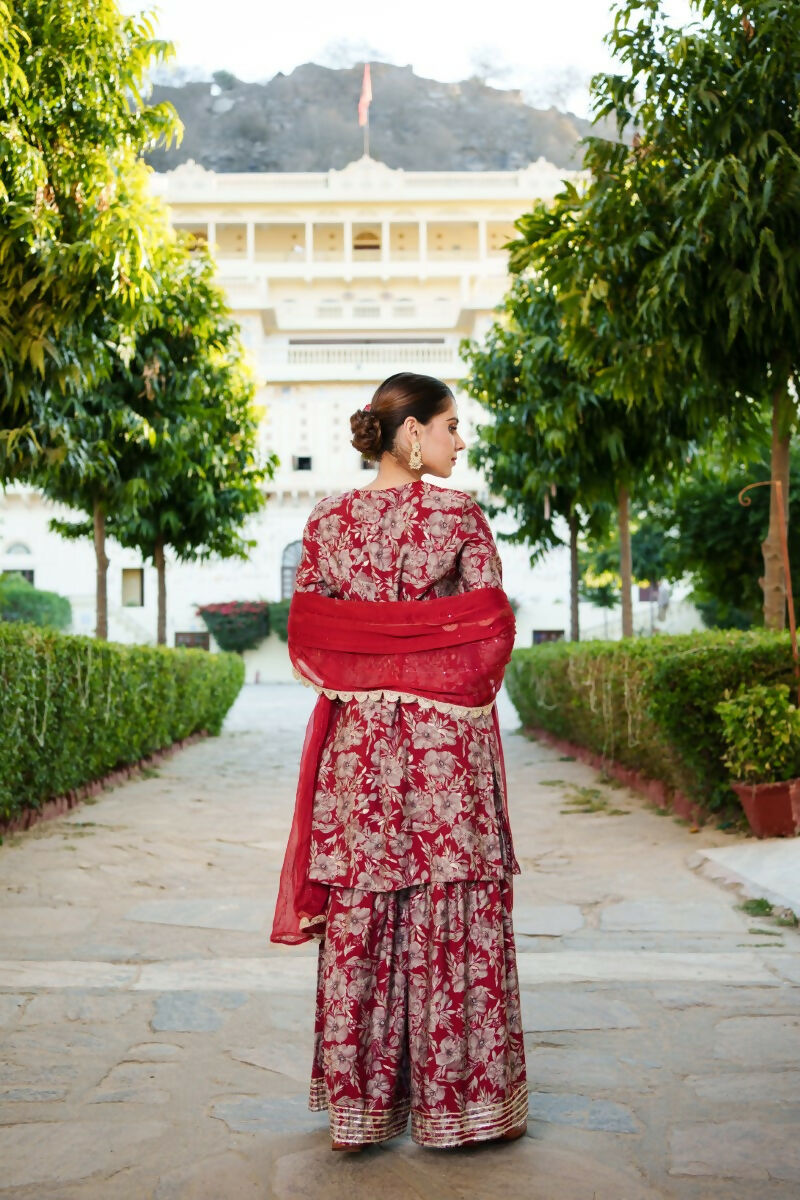 Vaasva Women Maroon Muslin Floral & Embroidered Cut Work Kurta ,Sharara & Dupatta set - Distacart