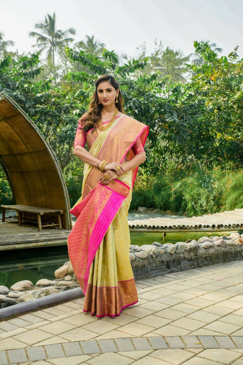 Aastha Fashion Beige Woven Kanchipuram Silk Saree with Blouse - Distacart