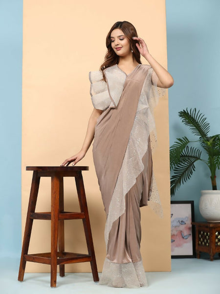 Light Brown Lycra Solid Ready to Wear Saree with stitched Blouse - Nita - Distacart