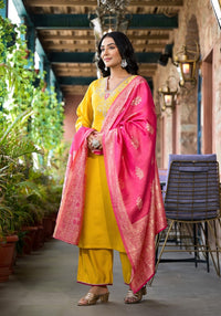 Thumbnail for Juniper Women's Mustard Zari Embroidered Viscose Kurta Pant And Dupatta Set With Mirror Work