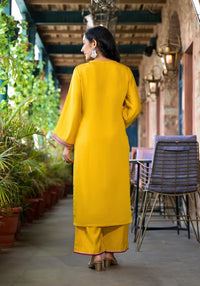 Thumbnail for Juniper Women's Mustard Zari Embroidered Viscose Kurta Pant And Dupatta Set With Mirror Work