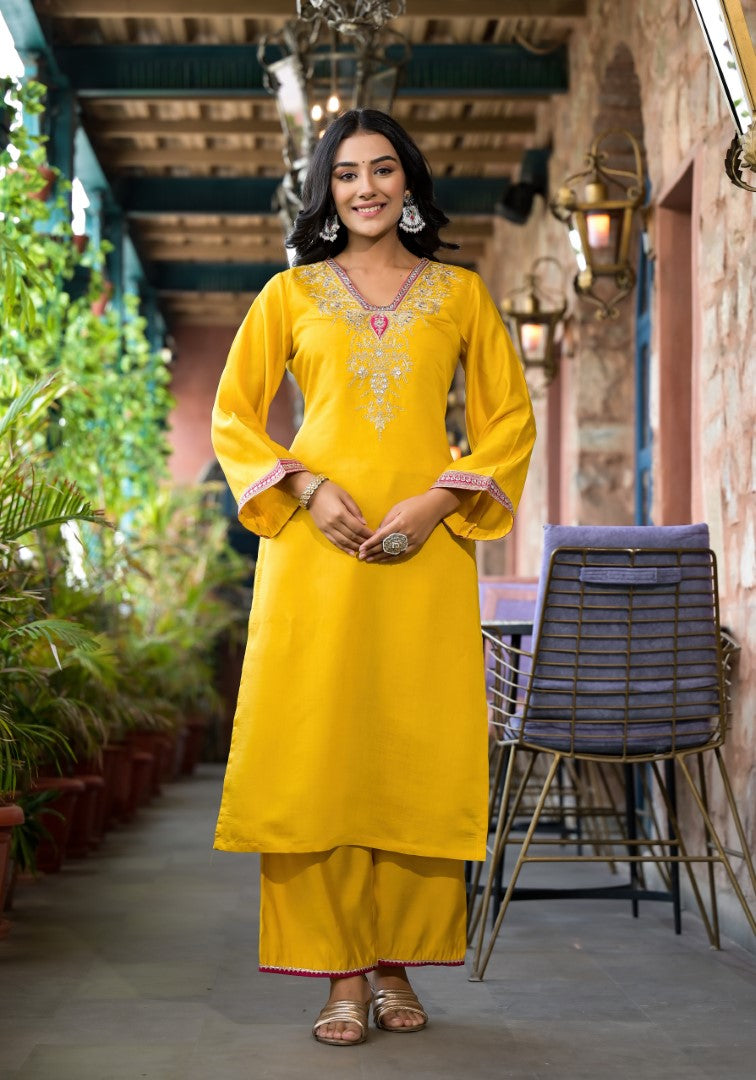 Juniper Women's Mustard Zari Embroidered Viscose Kurta Pant And Dupatta Set With Mirror Work