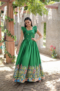 Thumbnail for Jyoti Fashion Women's Green Dola Silk Printed Festive Designer Anarkali Dress - Distacart